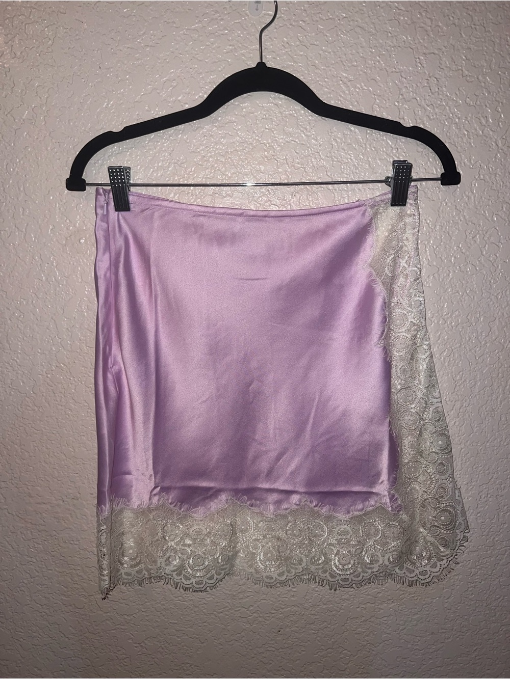 NWOT ASOS Lavender Satin Mini Skirt with Cream Lace Trim